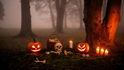 Spooky Halloween Pumpkins and Skeleton in a Dark, Foggy Forest with Glowing Candles