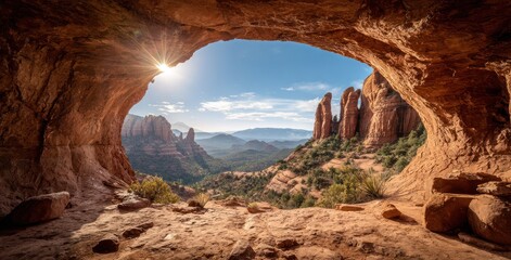 Cave opening revealing a sunny mountainous landscape with distinctive red rock formations and hazy valley views, framed by warm-toned cave walls