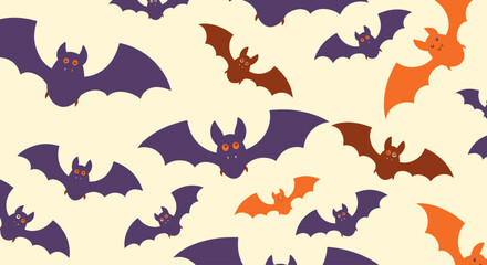 Cartoon bats in shades of purple, orange, and brown flying in a seamless pattern against a light cream background, evoking a Halloween or spooky theme.