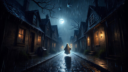 Fototapeta premium Mysterious Ghost Floating Down a Dark, Rainy Cobblestone Street Under a Full Moon