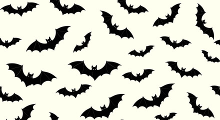 Seamless pattern of flying black bats on a light background, perfect for Halloween designs and spooky themes.