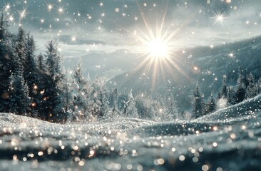 Sparkling alpine landscape in winter. Sunburst shining above snow-covered hills with frosted trees. Glittering, magical scene. Dreamy, bright and serene