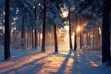 Sunburst shines in a winter forest scene as the morning sun casts long shadows across the snowy ground
