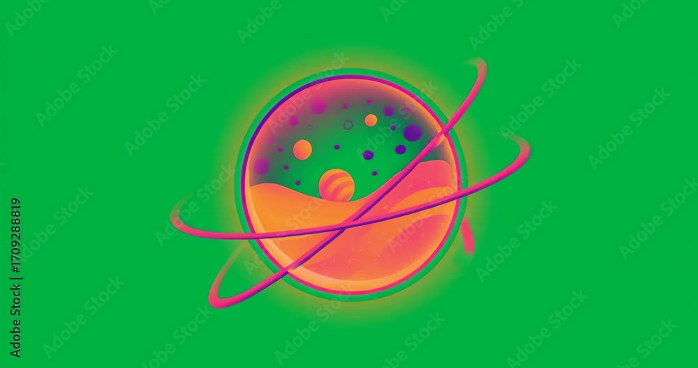 Poster on load planet icon rotating magenta bands around ring illustrating orbit on transparent backdrop