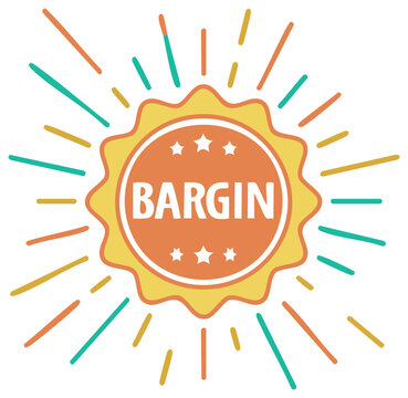 Vibrant BARGIN discount offer badge with stars and colorful sunburst rays