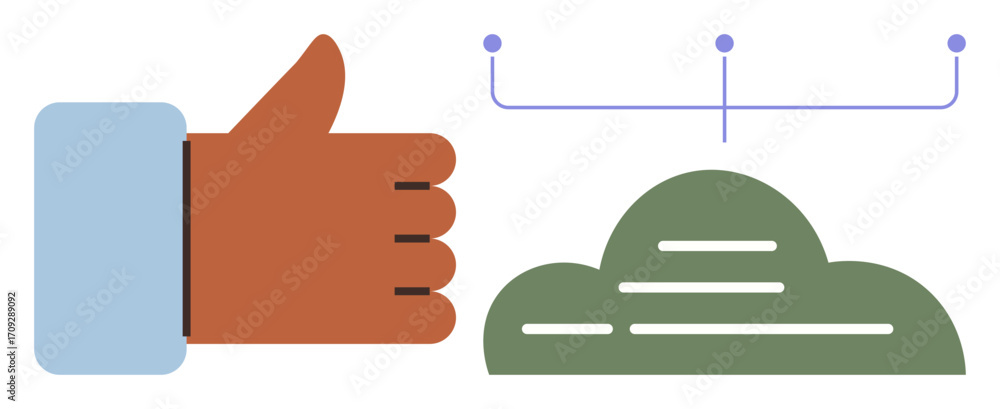 Aufkleber hand showing thumbs-up next to a cloud with three data nodes connected by lines. ideal for teamwork,