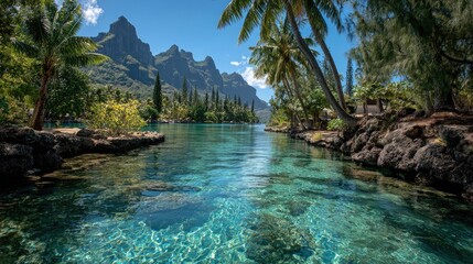 Crystal-clear lagoon, palm trees, mountains