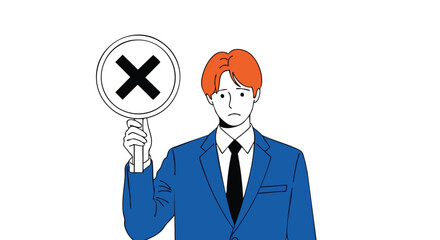 Disappointed businessman holding 'X' sign, conveying rejection or failure in a professional setting.