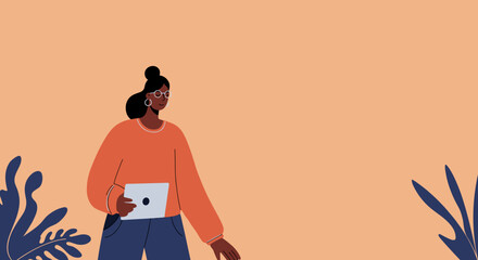 An illustration depicts a woman of color holding a tablet, standing against a soft orange backdrop with minimalist plant elements, perfect for web design and marketing materials.