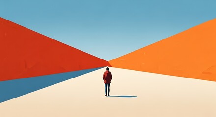 Obraz premium Solitary Figure Facing Two Colorful Paths.