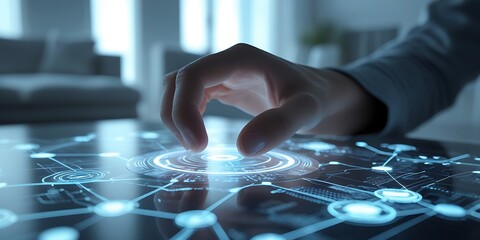 A hand interacting with a glowing holographic interface in a modern living room