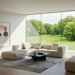 Modern living room with large window and green view