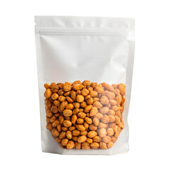 White resealable pouch filled with seasoned roasted peanuts on a white background snack food