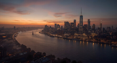 New York City Skyline at Sunrise Over the Hudson River
