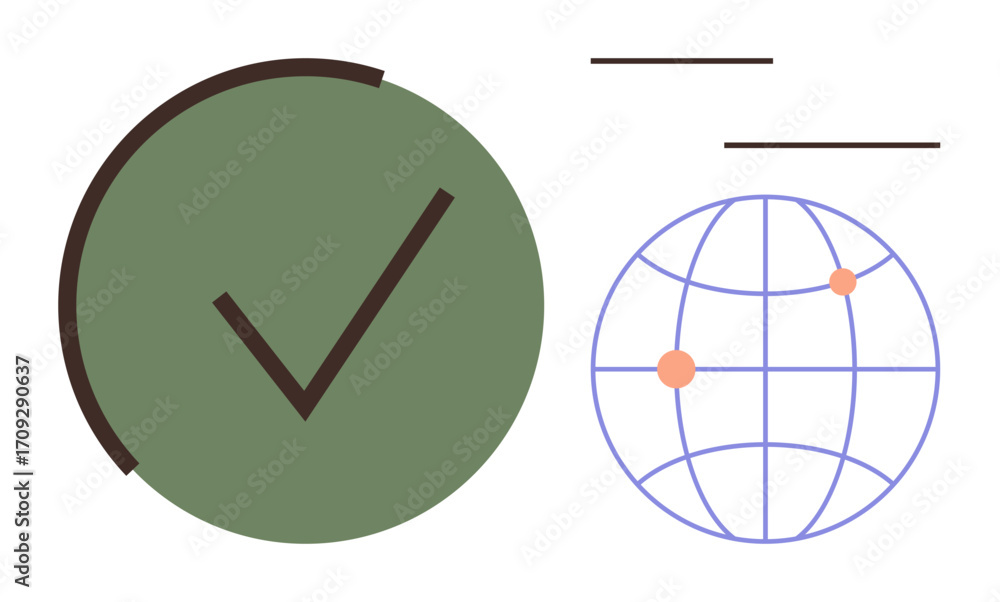 Aufkleber green checkmark in circle and simple globe with two connection dots, suggesting accuracy and global 
