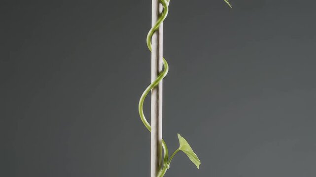 A single green vine growing around a silver pole