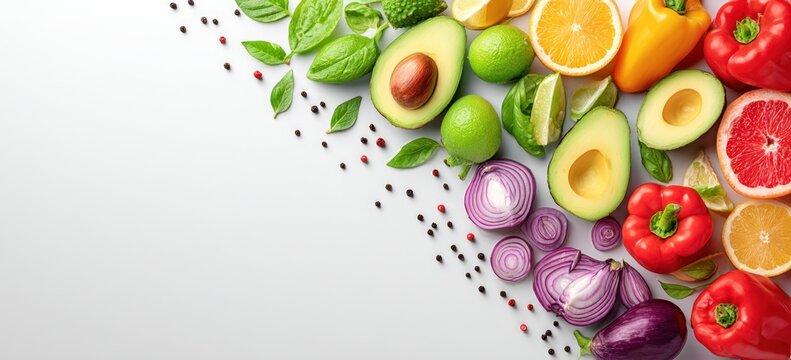 Vibrant produce cascade! An assortment of colorful vegetables, fruit, and herbs are artfully arranged on a clean, neutral surface