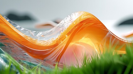 Abstract flowing orange wave with lush green grass and blurred background