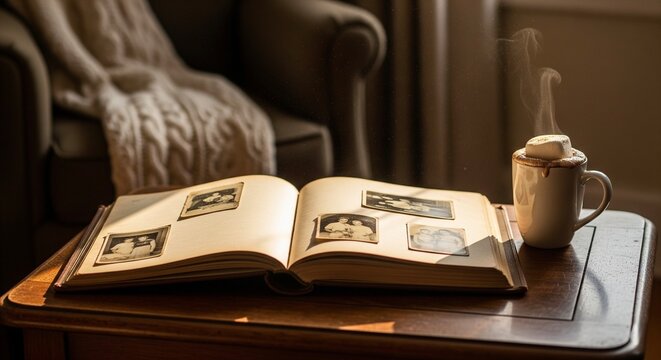 An open photo album with old black and white photos on a wooden table, next to a steaming mug of hot chocolate with a marshmallow.