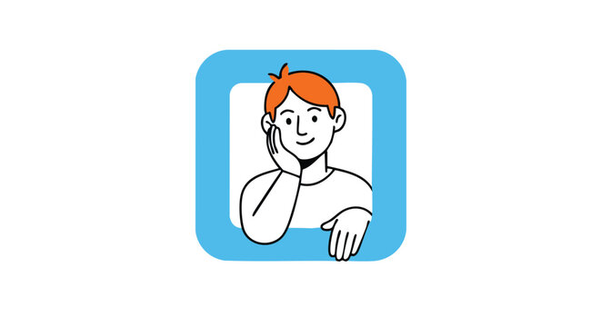 Young man with orange hair thoughtfully resting chin on hand inside blue square frame