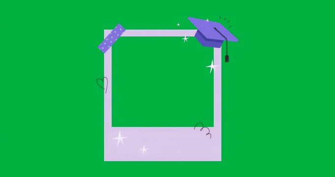 Lavender Polaroid frame fading grad cap and decorations marking graduation on transparent backdrop