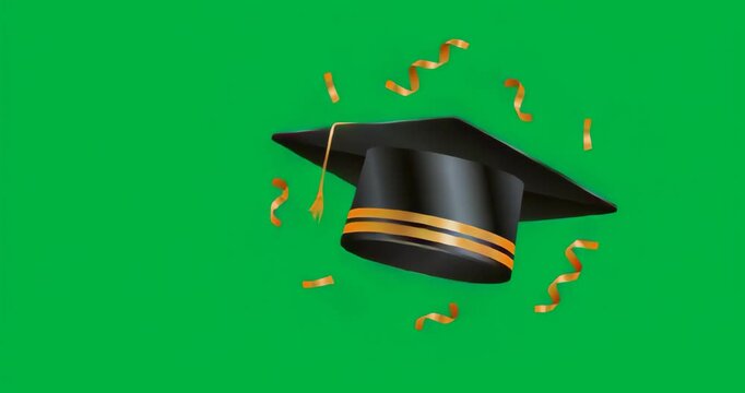 On start black cap rotating with drifting ribbons pulsing aura for graduation on clear background