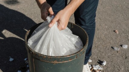 man throwing garbage into bin