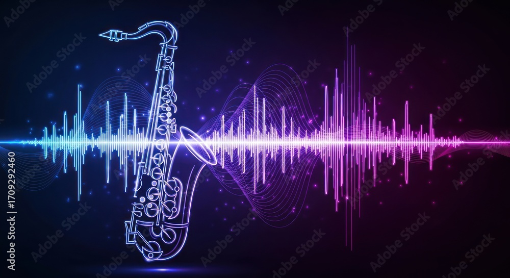 Poster a saxophone silhouette is displayed against a vibrant graphic representation of sound waves, creatin
