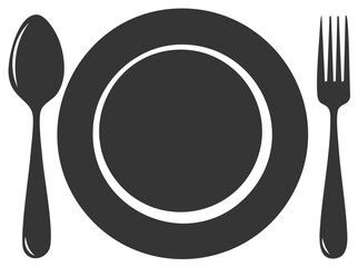 Simple tableware set illustration with spoon, plate and fork in monochrome design