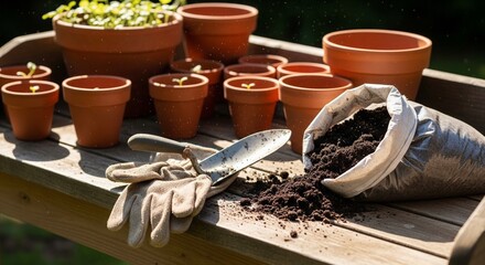 A sack of soil has spilled onto a worn wooden potting bench, next to terra cotta pots, a hand trowel, and gardening gloves