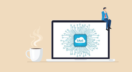 Vector illustration of saas software as a service concept with man sitting on laptop cloud computing, online service, and technology