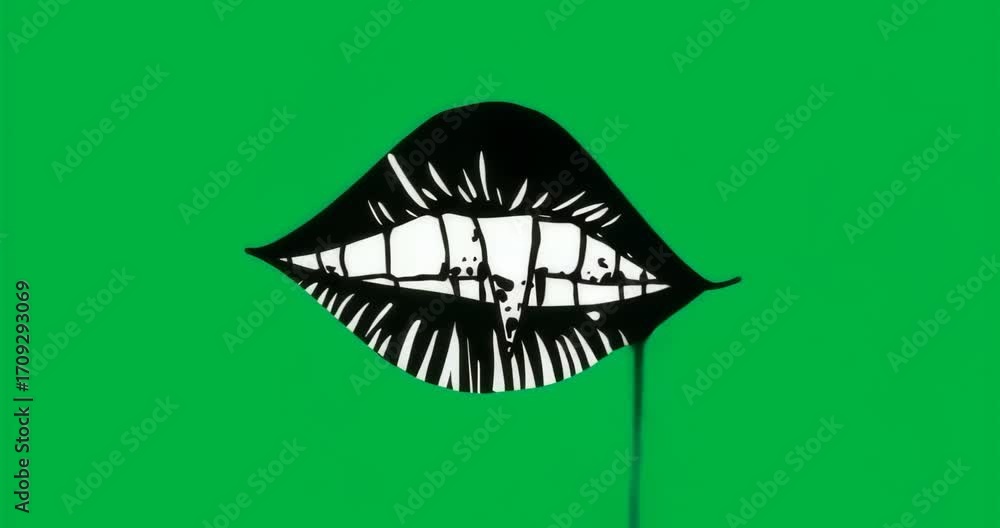 Poster striped lips emerging from transparent void, glowing aura dripping droplets for loop animation