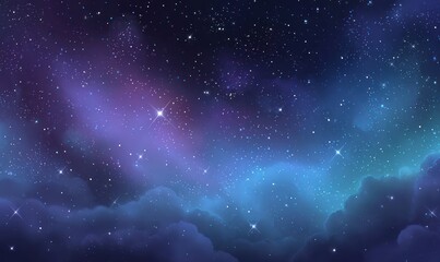 Obraz premium A dreamy, illustrated night sky scene features vibrant nebulas, sparkling stars, and soft, fluffy clouds, creating a celestial, ethereal panorama