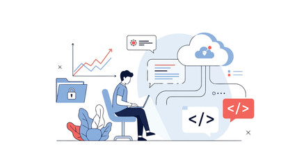 Vector illustration of a developer is working on cloud computing and data analysis, coding and programming, vector illustration