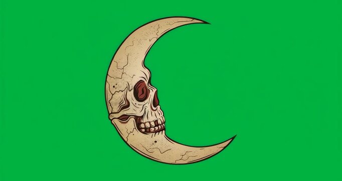 Starting frame1, skull-moon grinning while glitching transparent backdrop shifting blue black hues