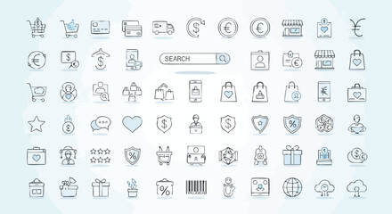 Modern business and shopping icons offer seamless online transactions, customer service, and global commerce solutions.