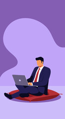 A modern businessman in a suit sits comfortably on a pillow, engrossed in his laptop, working on a landing page design against a flat, purple background.