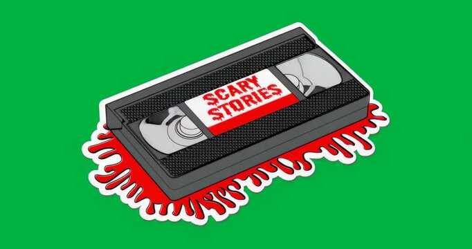 On loop start black Scary Stories VHS tape rotating over splatter on clear layer creating terror