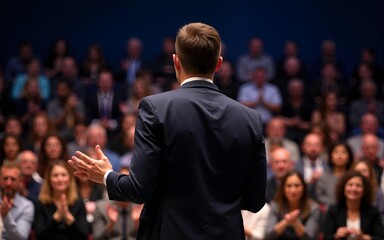 Presenter standing in front of attendees who are clapping at him on seminar. High quality