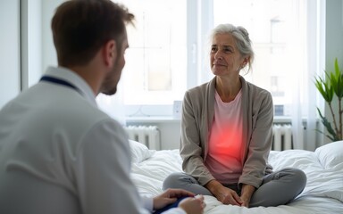 Obraz premium Senior woman with backache sitting on bed at home while her doctor is listening symptoms. High quality