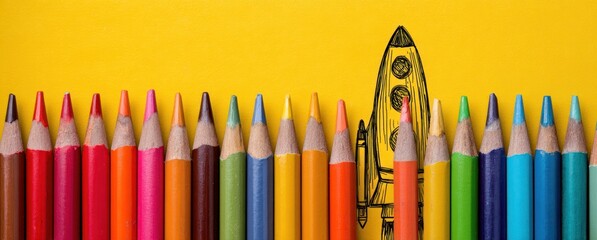 Row of colored pencils against yellow backdrop with drawn rocketship, suggesting creativity, artistic expression, and perhaps new endeavors