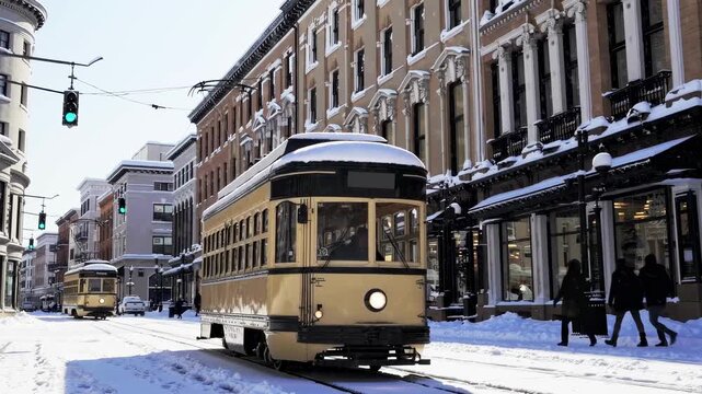 Snow-covered street with vintage trams navigating through a winter city
