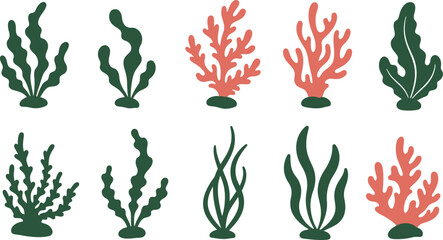Collection of stylized green and red coral and seaweed on transparent background