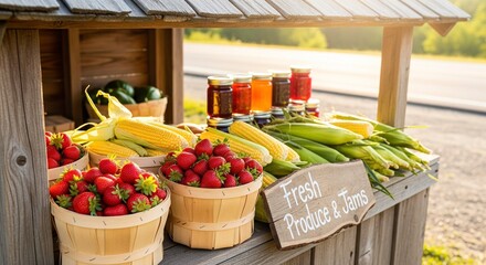 A charming roadside farm stand with baskets of fresh strawberries and corn on the cob, along with jars of homemade jams, under a wooden roof.