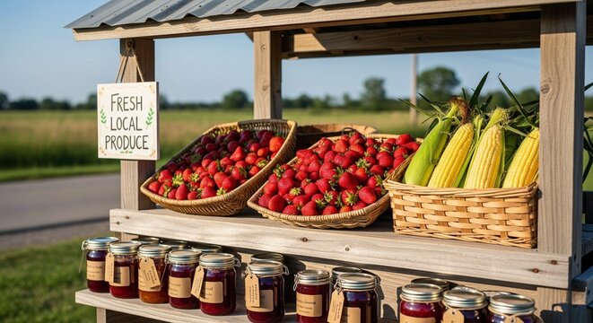 A charming roadside farm stand with baskets of fresh strawberries and corn on the cob, along with jars of homemade jams, under a wooden roof.