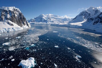 Antarctic vista of frigid, dark ocean with glacial icebergs, jagged, snow-capped mountains & a bright blue sky on the horizon