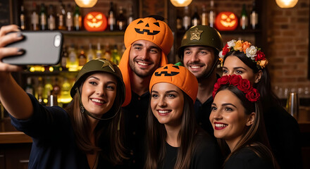Group of friends in halloween costumes taking a selfie at a bar with festive decorations and smiling faces having fun together at a party