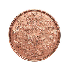 Ornate copper-colored coin with detailed, embossed floral and crown-like design