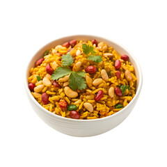 Yellow Bhel Puri Indian Snack with Peanuts and Coriander in White Bowl indian food savory