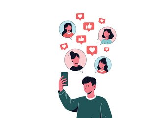 Man holding smartphone and connecting with people through social media.